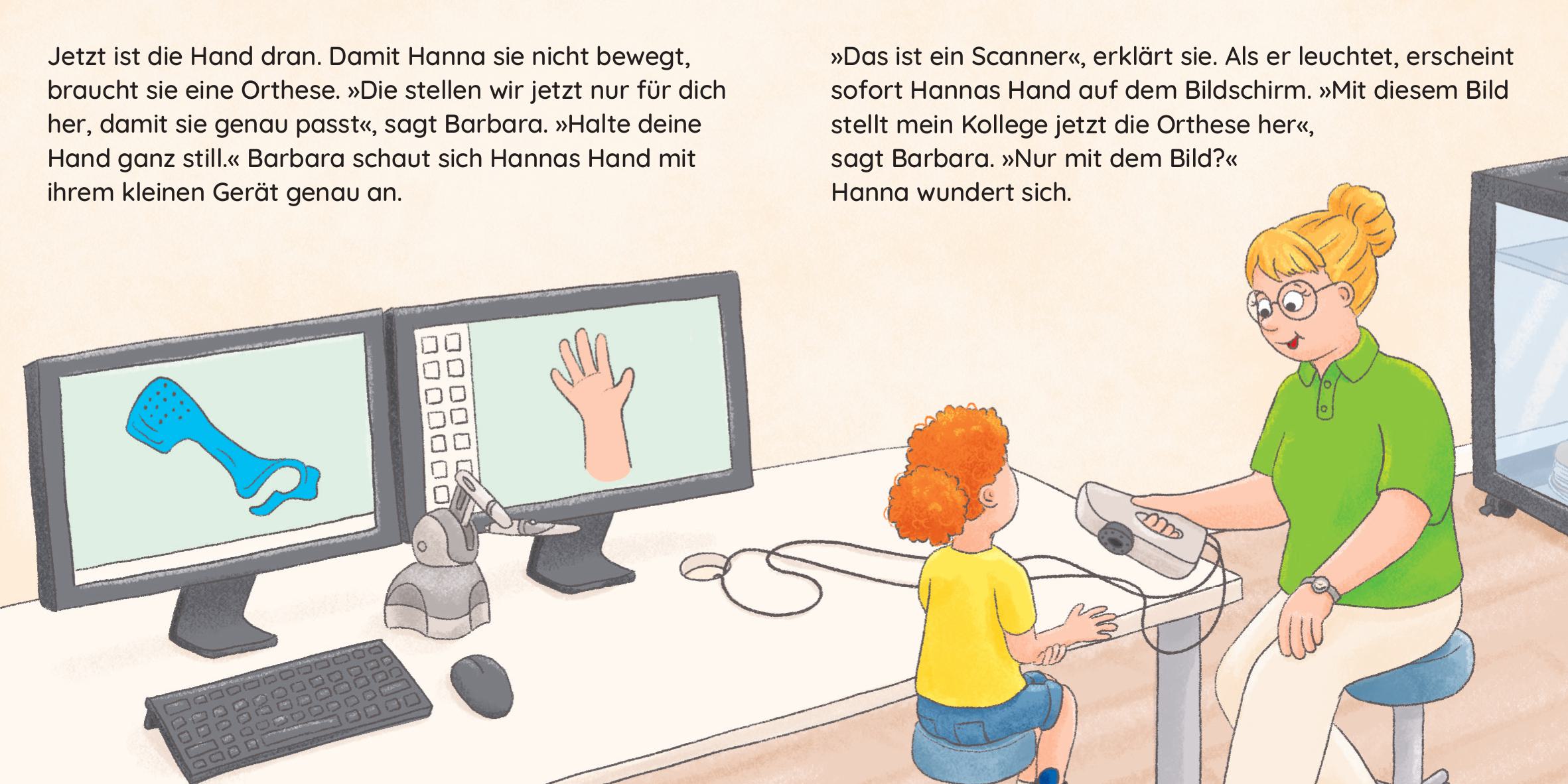 Einblick in die Hilfsmittelversorgung: Im Pixi-Buch „Hanna und die Orthopädie-Technik“ wird gezeigt, wie eine Hand gescannt und daraus am Computer eine passgenaue, die Hand stützende, Orthese entsteht. (Illustration: Nadine Hasselwander/Carlsen Verlag)
